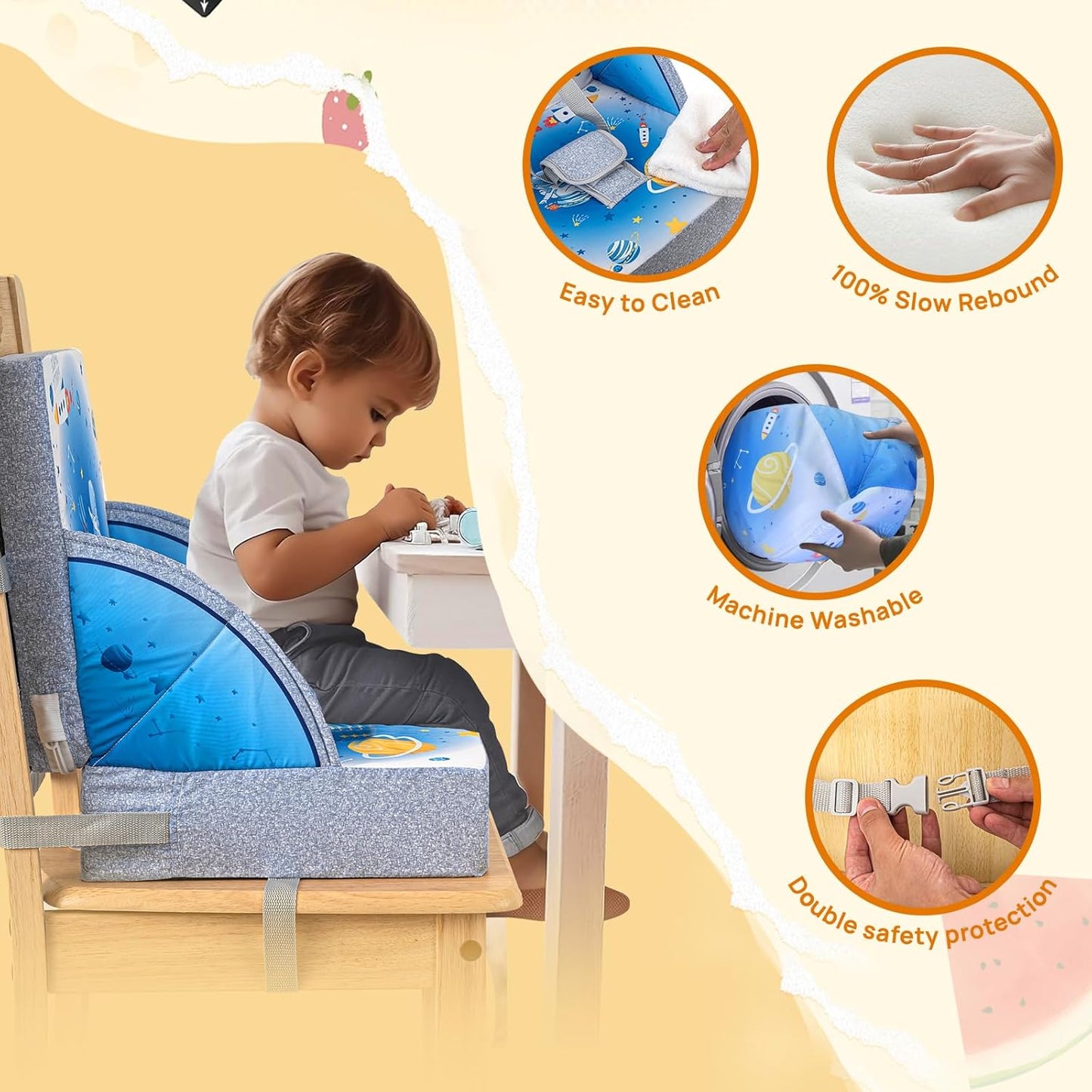 Toddler Booster Seat, Portable Baby Booster for Dining Table, Travel Toddler Chair with Adjustable Straps, Lightweight, Compact Design, Easy to Clean (Blue)