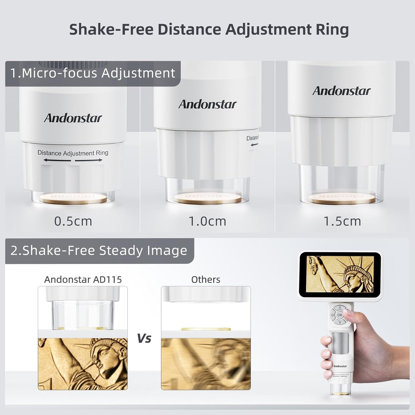 Andonstar Digital Microscope, 5" 1080P Coin Microscope Camera for Error Coin with 7.3" Metal Stand for Adults Kids, Handheld USB Coin Magnifier with 8 Adjustable LED Lights, Windows Mac PC View, AD115