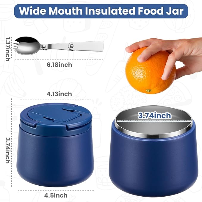 14oz Insulated Vacuum Food Jar with Buckle Lid,Soup Thermo for Hot Food Kids,Wide Mouth Leakproof Stainless Steel Lunch Container with Spoon-Blue