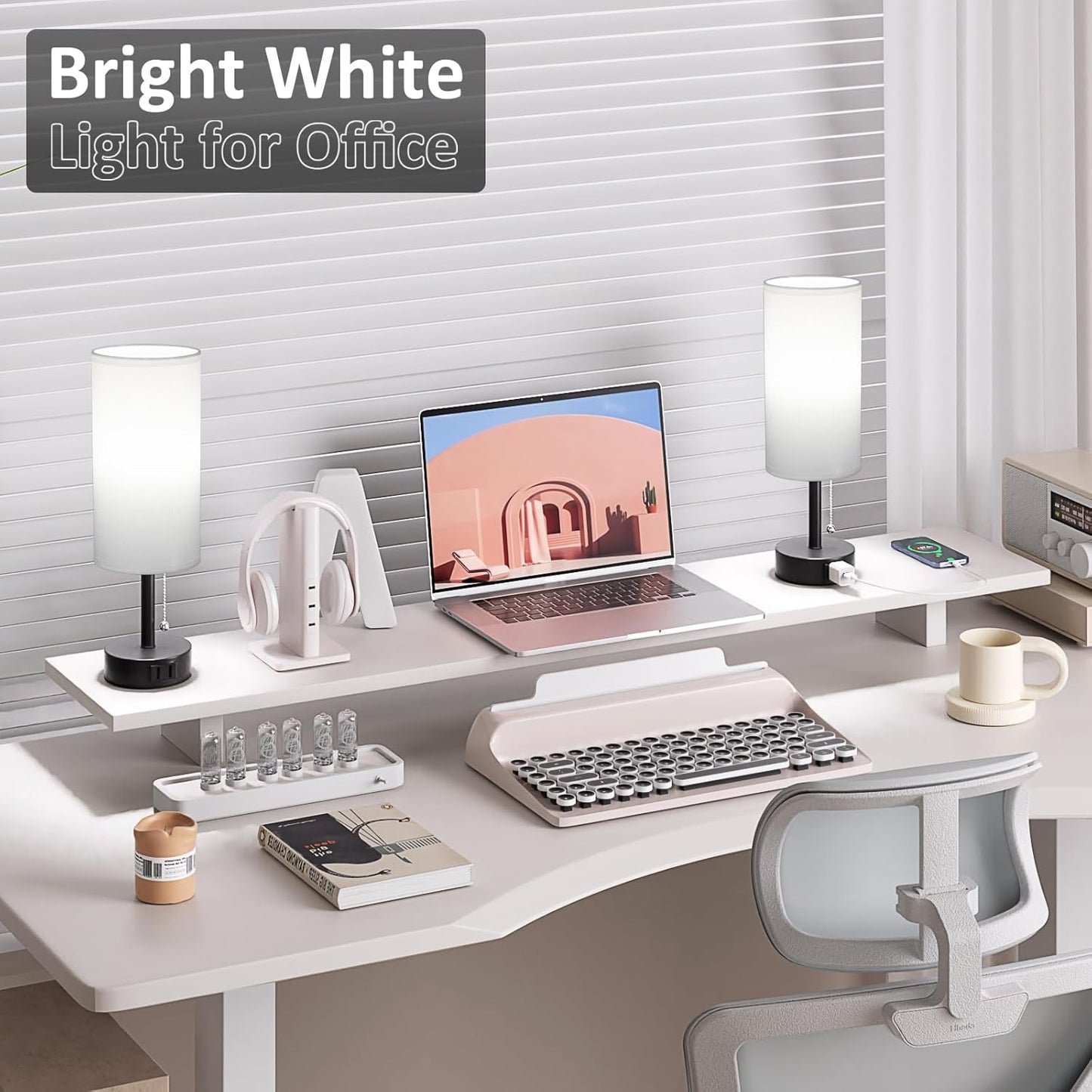 White Bedside Table Lamps Set of 2-3 Color Temperatures Pull Chain Lamp with AC Outlet Charging Port, Round Night Stand Lamps for Bedroom Office, Small Bed Side Light with E26 LED Bulbs