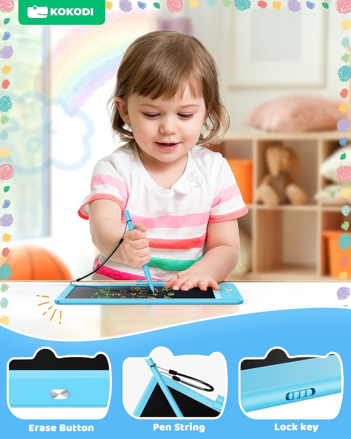 KOKODI LCD Writing Tablet, Valentines Day Gifts for Kids，10 Inch Colorful Toddler Doodle Board Drawing Tablet, Erasable Reusable Electronic Drawing Pads, Educational and Learning Toys for Kids