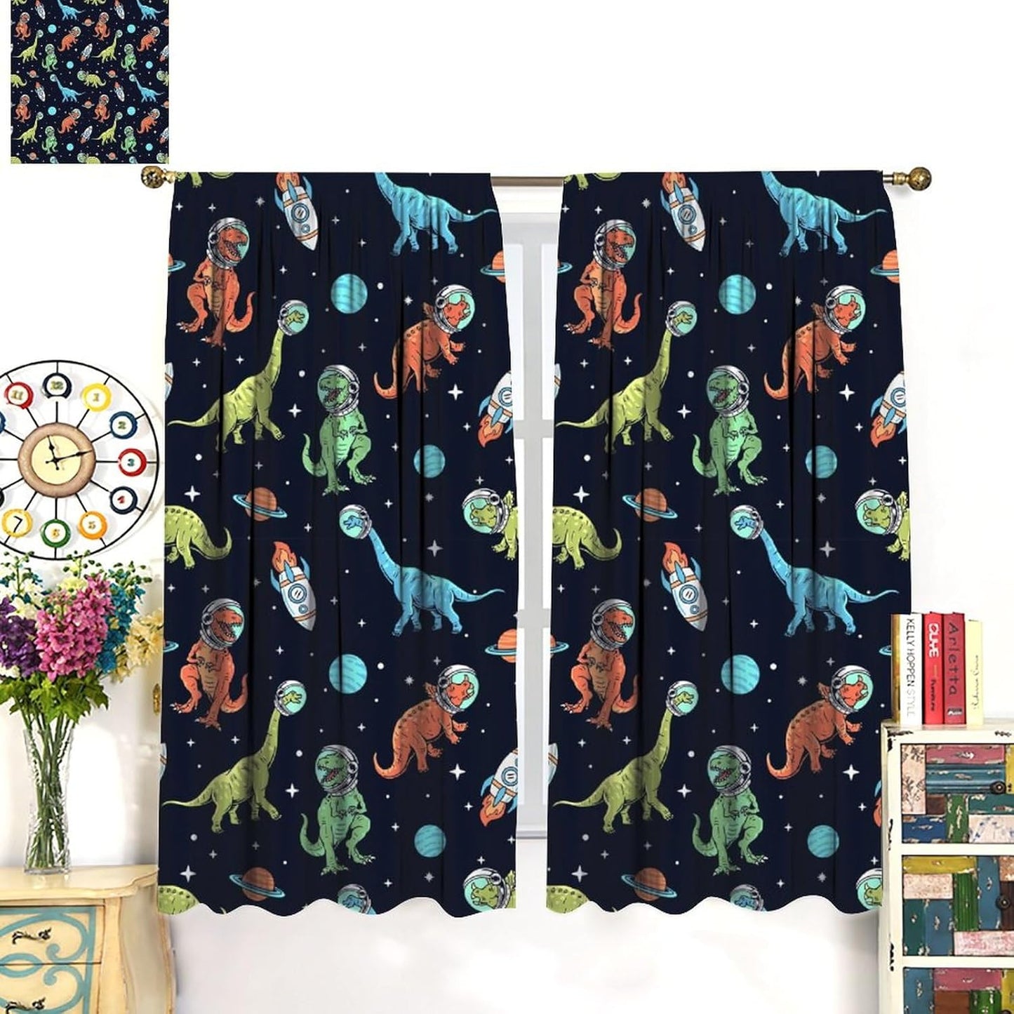 Cartoon Dinosaur Curtains for Kids Boys Girls Home Decor, Astronaut Rocket Funny Outer Space Blackout Rod Pocket Window Drapes for Bedroom Living Room W21xL45in 2 Panels