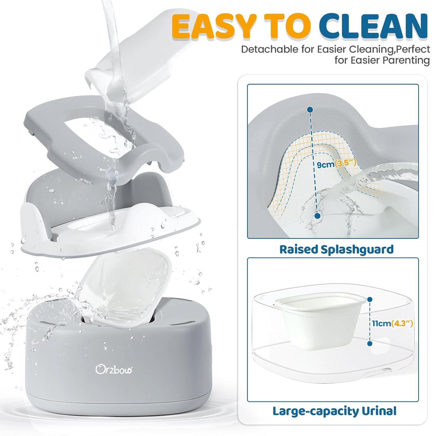 Orzbow 3-in-1 Potty Training Toilet, Detachable Baby Potty, As Toddler Toilet Seat, Chair, Step Stool for Boys & Girls 18+ Months, Potty Training Seat with Splash Guard, Lid, Easy Clean, Gray
