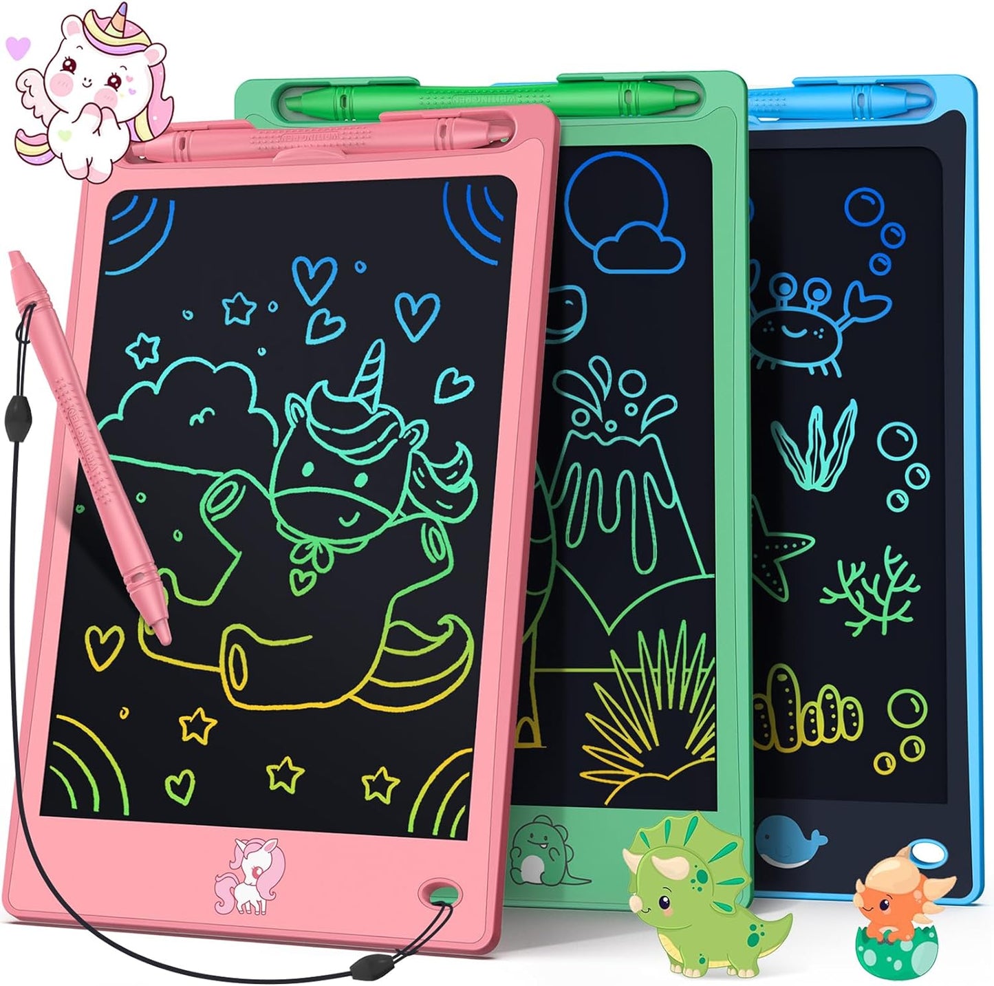 FLUESTON LCD Writing Tablet for Kids,Drawing Tablet for Boys Girls 3 4 5 6 7 8 Year,8.8 Inch 3pcs in 1 Pack Drawing Pad Toy Birthday Gifts for Toddler, Educational Doodle Board Cute Dinosaur Unicorn