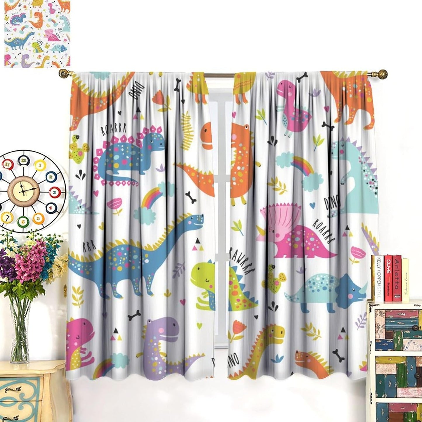 Cartoon Dinosaur Curtains for Kids Boys Girls Home Decor Childish Cute Dino Animals Print Pattern Rod Pocket Blackout Window Drapes for Nursery Baby Bedroom Playroom W42xL84in 2 Panels