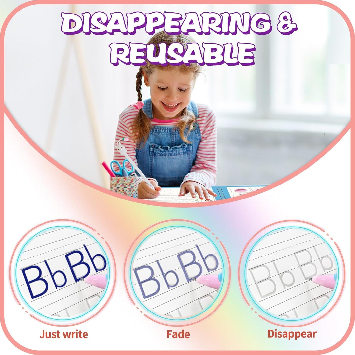 Upgraded Large Size Magic Practice Copybook for Kids, Reusable Writing Practice Book, Preschool Copybook (4 Books with Pens) - Pink Bag