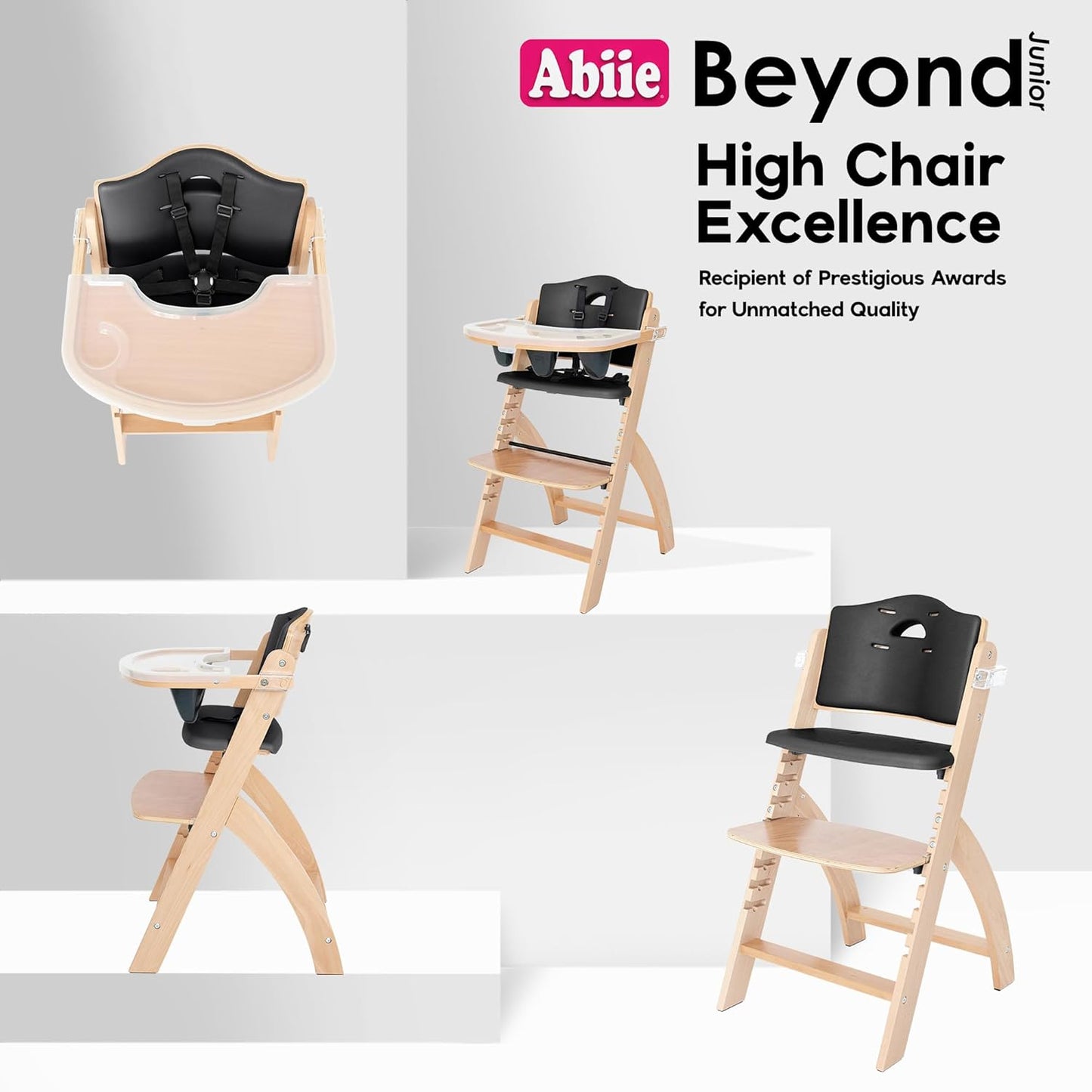 Abiie Beyond Junior Wooden High Chair with Tray - Adjustable and Convertible High Chair for Babies and Toddlers - 6 Months to 250 Lb - Water Resistant - Natural Wood with Black Pearl Cushion