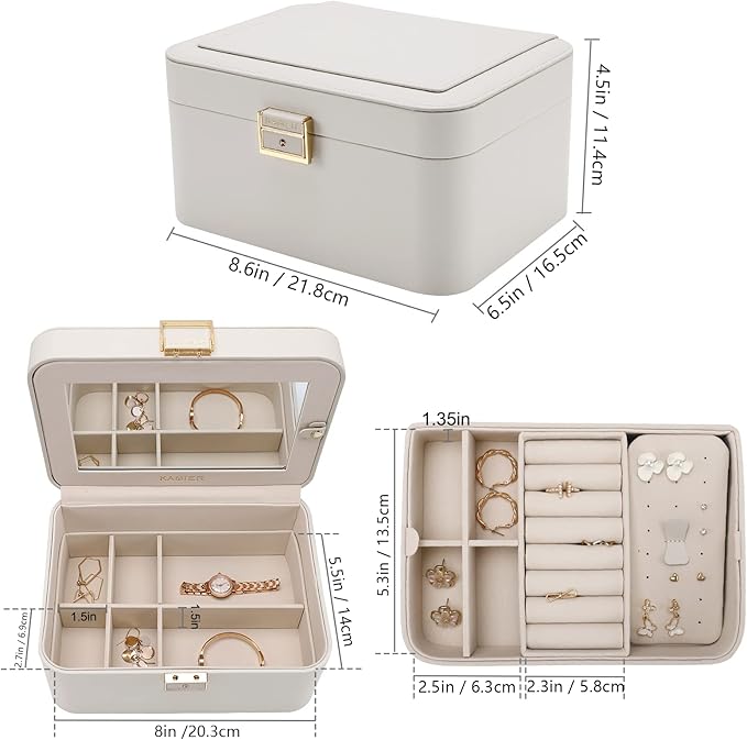 KAMIER Jewelry Box, 2 Layers PU Leather Jewelry Organizer Box, Large Capacity, Double Lock and Large Mirror, Hidden Necklace Hooks, Removable Dividers, Grey