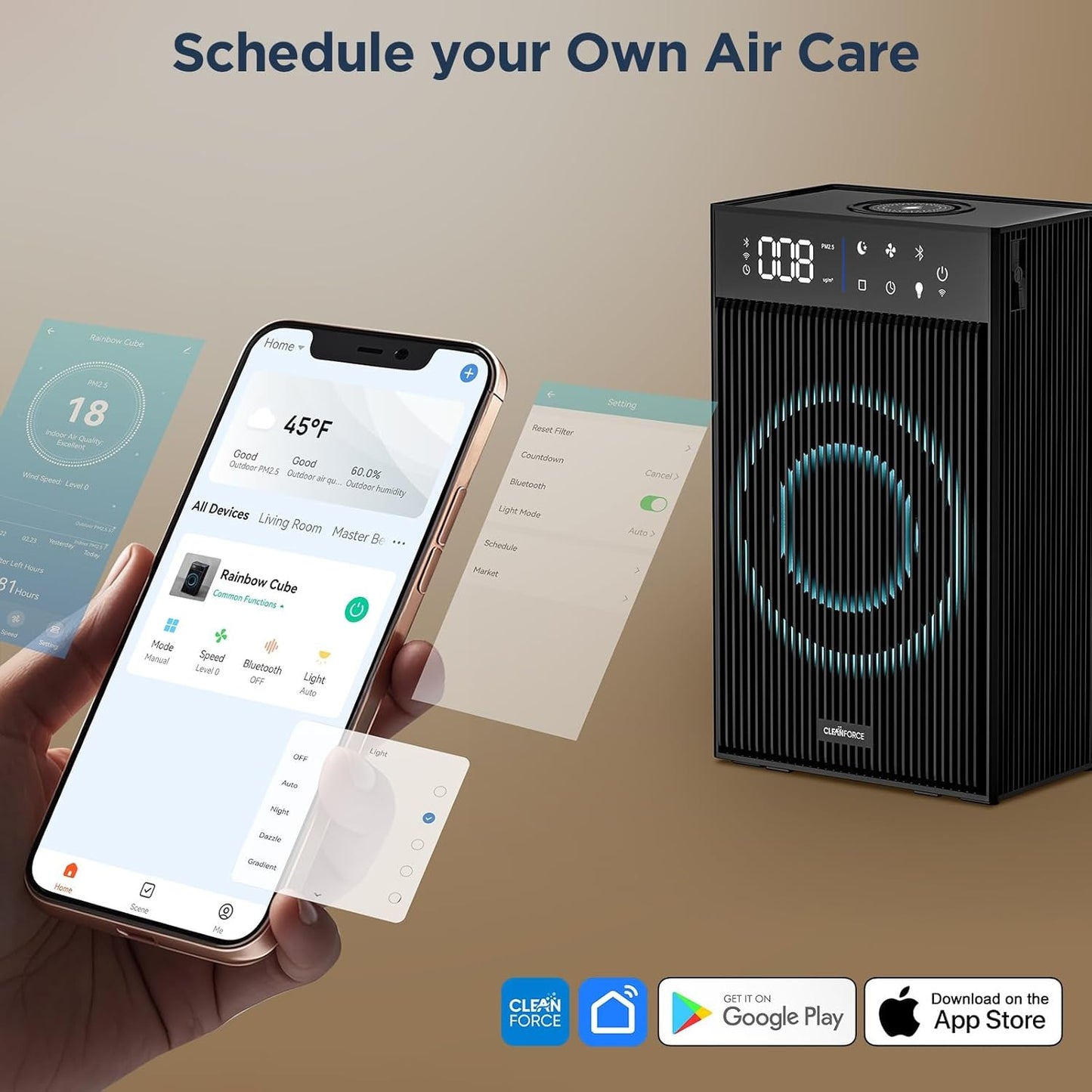 CleanForce Rainbow Cube | World’s First 4-in-1 Space-saving Air Purifier with Bluetooth Speaker, Wireless Charger & Aroma Diffuser | Swiss Tech，over 900ft² Coverage | Ultra-Quiet