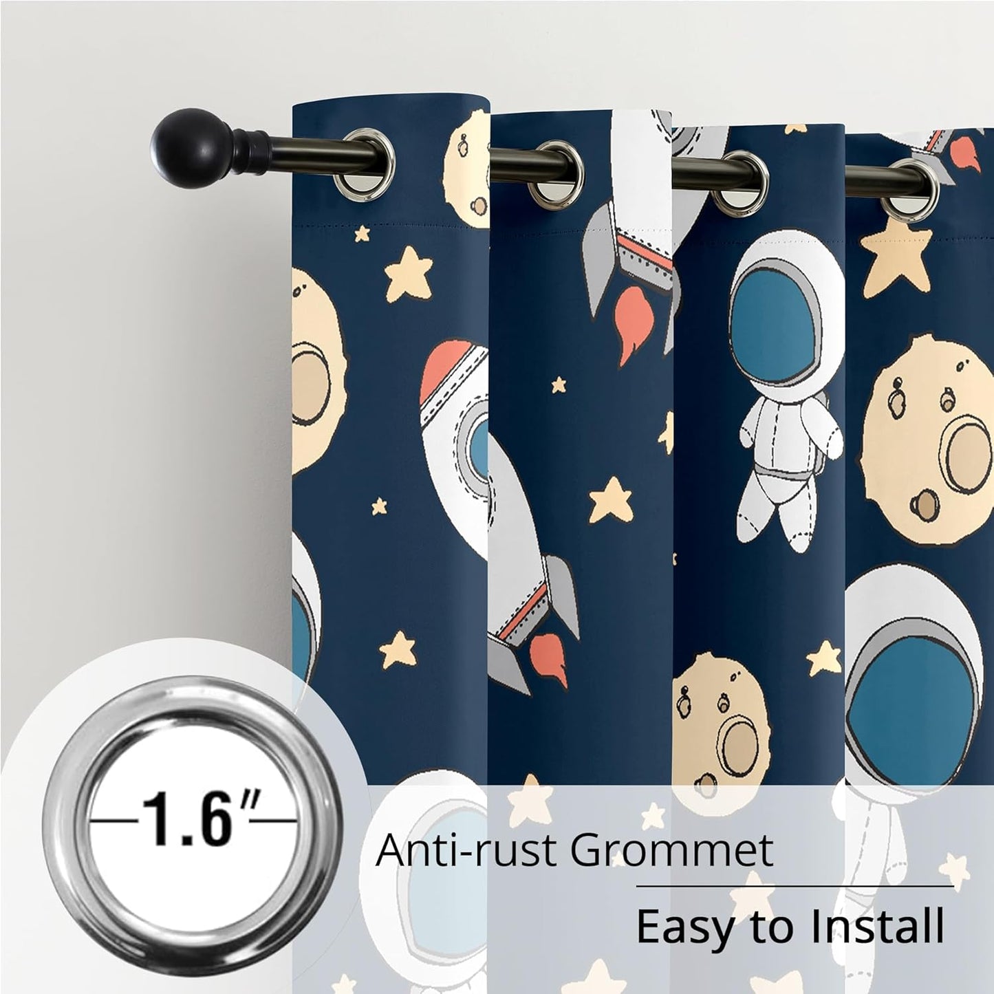 Kids Space Astronaut Planets Rockets Blackout Curtains - 100% Blackout, Thermal Insulated, Noise Reducing, for Kids Room and Nursery, 2 Panels (Astro Buddy Rockets, W52×L63)