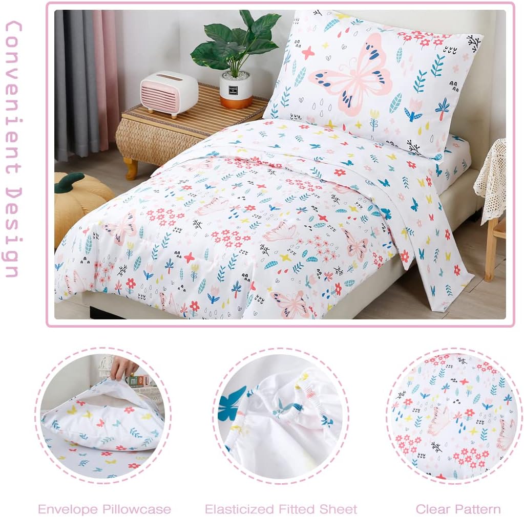 PERFEMET 5 Pieces Girls Bed in A Bag Full Size Reversible Pink Flowers Butterfly Comforter Set with Sheet Soft Lightweight Botanical Floral Bedding Set for Kids Teen(White, Full)