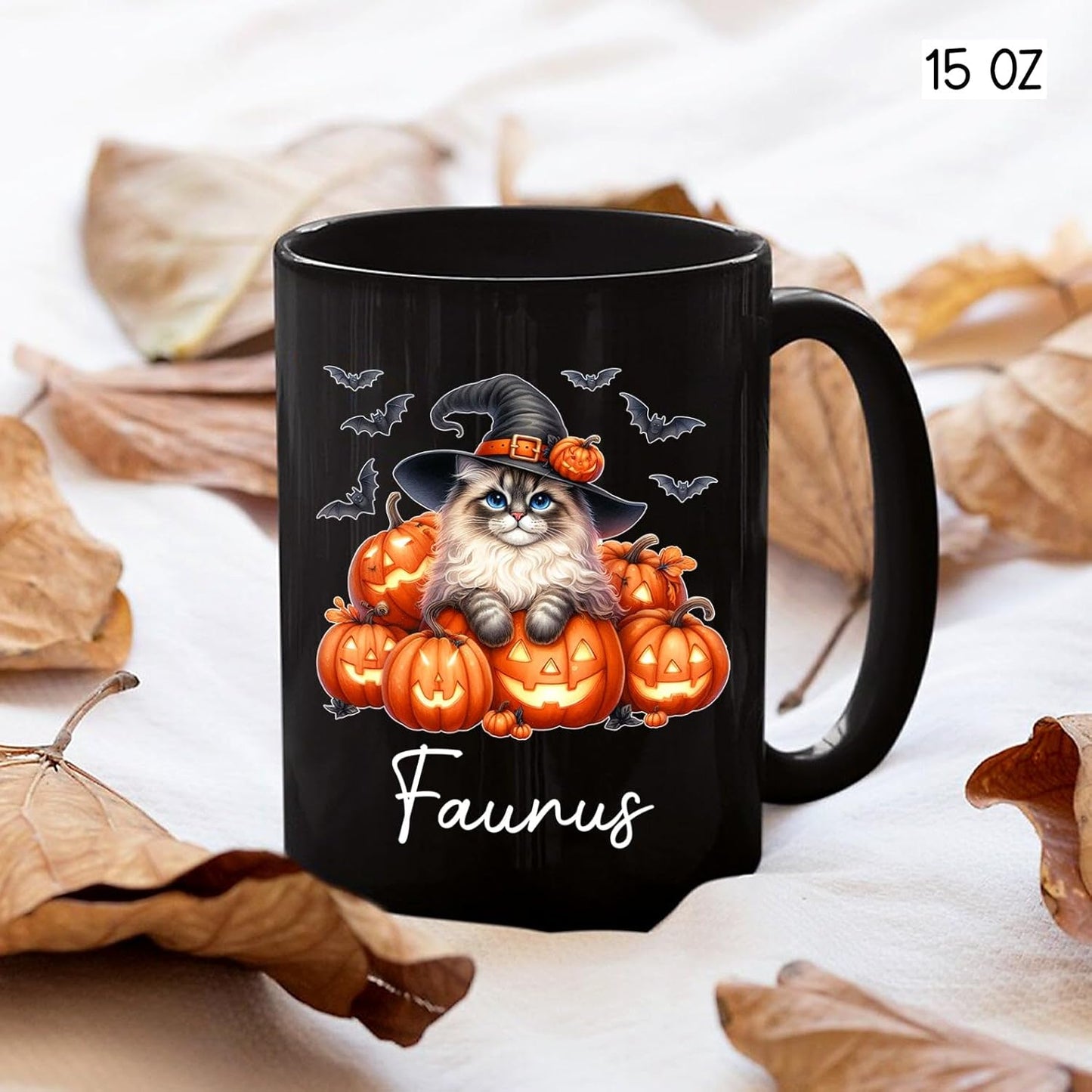 Personalized Ragdoll with Pumpkins Mug Gift for Halloween, Customized Name Ragdoll Witch Hat Coffee Cup, Unique Cat Breeds Ceramic Mug, Cat Dad Mom Halloween Cup, Black Tea Cups 11oz 15oz