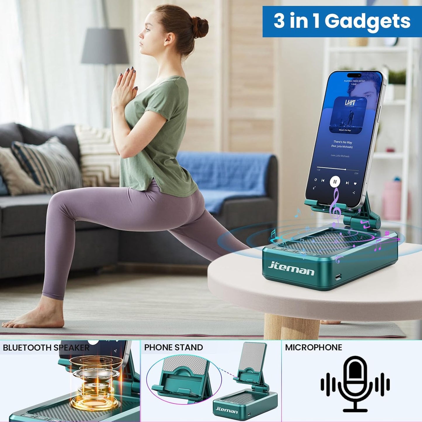 JTEMAN Cell Phone Stand with Wireless Bluetooth Speakers,Angle Adjustable Strong Pedestal Phone Stand for Desk,HD Sound and Bass Bluetooth Speaker Compatible with All Mobile Phones(Green)