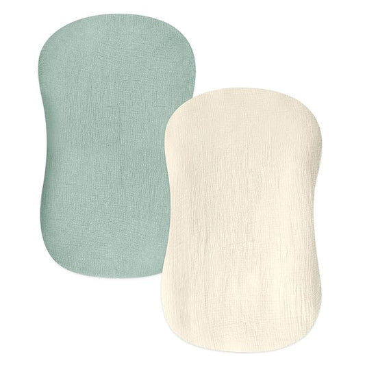 Hooyax Baby Lounger Cover 2 Pack - 100% Muslin Cotton Newborn Lounger Pillow Covers Only, Soft Breathable Infant Lounger Cover with Reinforced Stitching, Fits Most Standard Baby Loungers (Green Wheat)