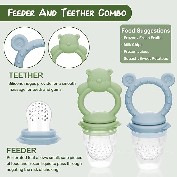 Baby Breastmilk Popsicle Molds & Baby Fruit Feeder (6 Pack), WAJIAYON Baby Food Freezer Tray Storage Containers, Silicone Teething Pacifier Feeder and Teether for Babies,Moss and Fawn Baby Feeder
