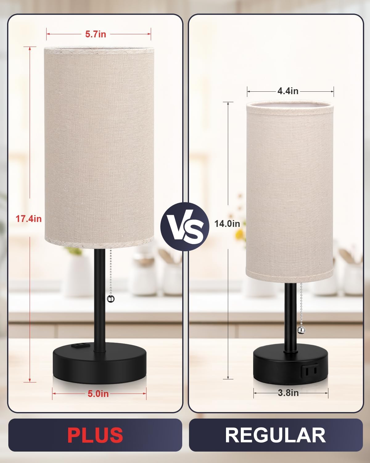 Plus Beige Bedside Table Lamps Set of 2-3 Color Temperatures Pull Chain Lamp with AC Outlet Charging Port, Two Round Night Stand Lamps for Bedroom Guest Room Office, Bed Side Light