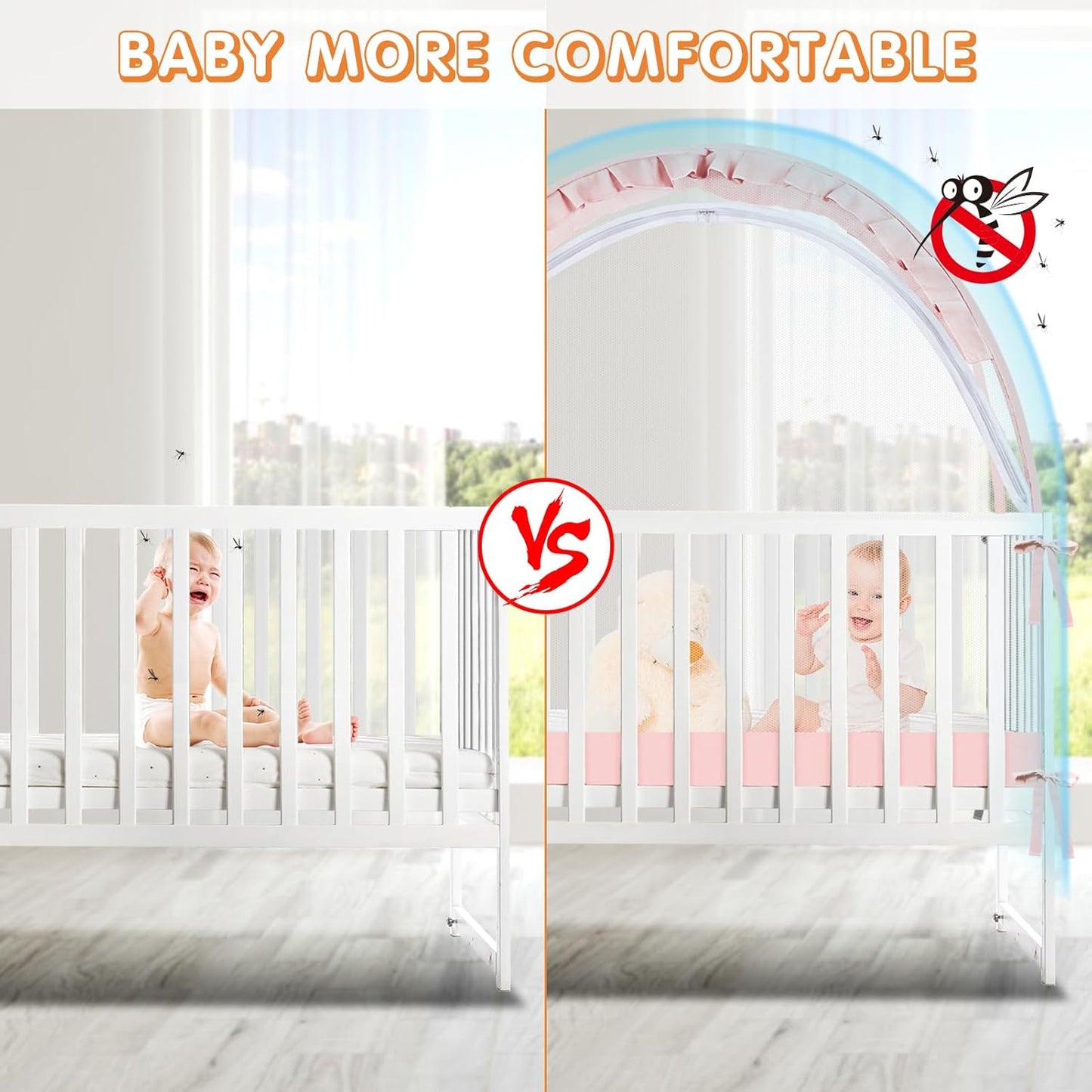Crib Tent to Keep Baby from Climbing Out - Crib Net to Keep Baby in - Pop Up Breathable Cribs Cover - Canopy with Upgrade Strong Mesh and Durable Zipper (Pink, Lager)