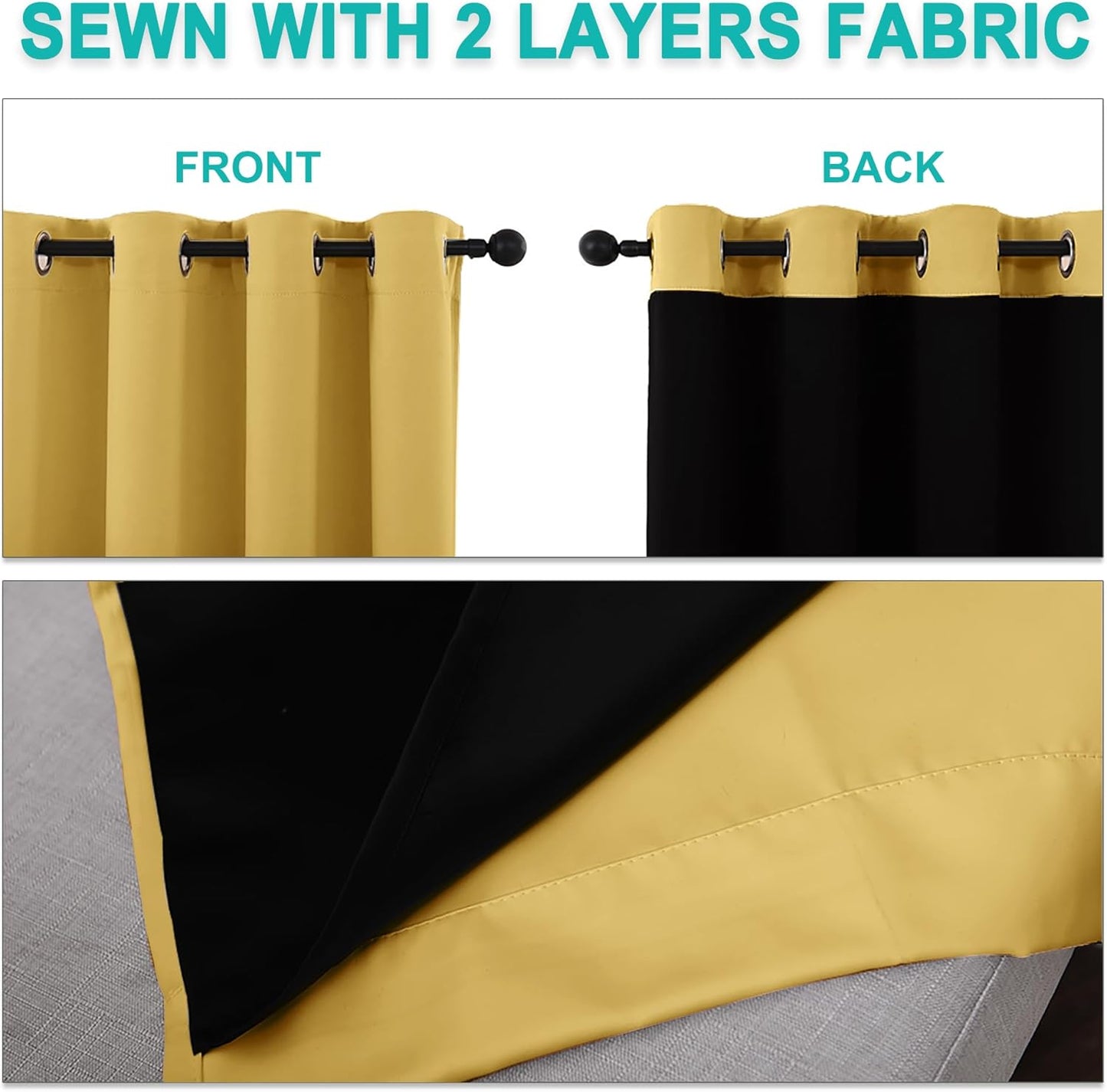 NICETOWN 100% Blackout Blinds, Set of 2, 46 inches x 102 inches, Laundry Room Decor Window Treatment Curtains for Large Patio Sliding Door, Thermal Insulated Bright Yellow Curtains for Bedroom