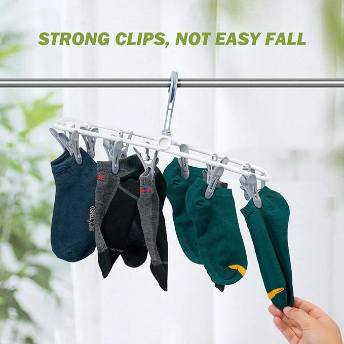 Clothes Drying Hanger with 12 Clips, 2 Pack Folding Portable Hanging Drying Rack,Drip Foldable Hanging Rack, 360° Rotatable Hook for Drying Towels Bras Baby Clothes Gloves Plastic(Blue&Purple)