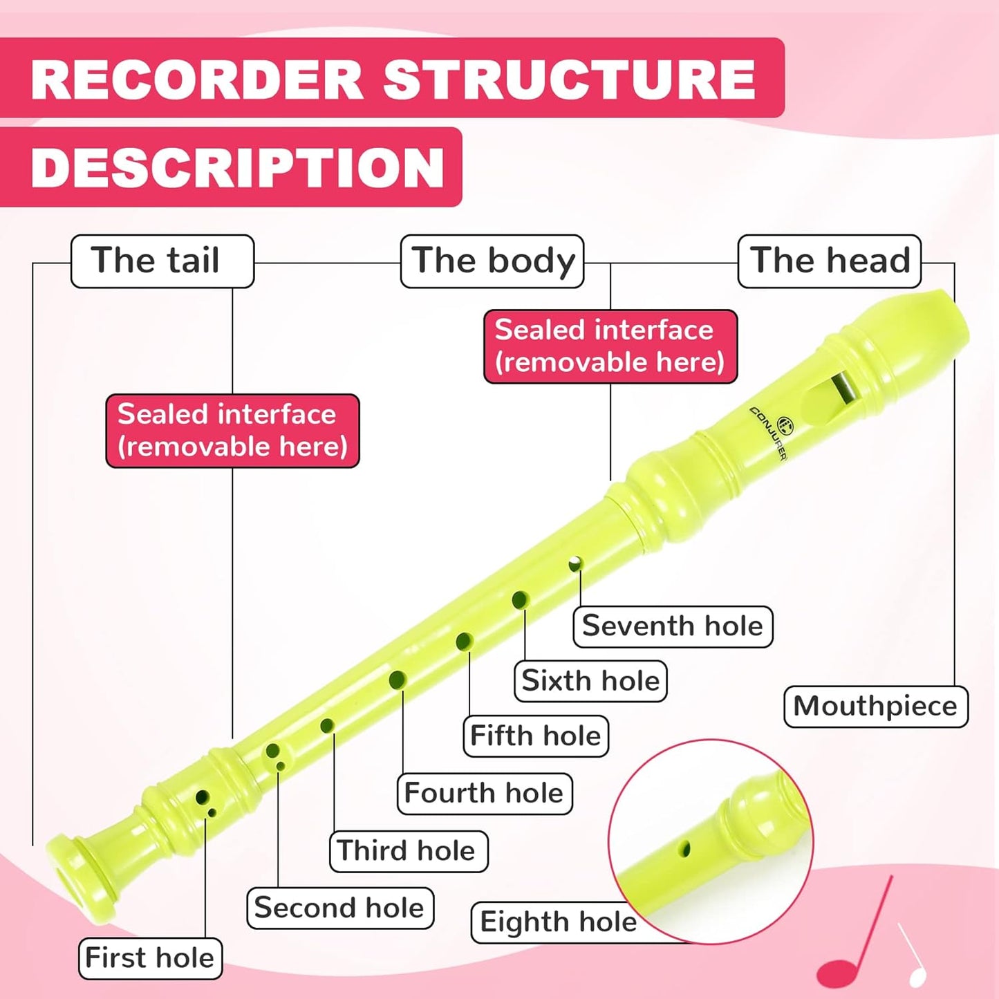 Soprano Recorder Instrument for Student - German Fingering 8 Hole Flute ABS Descant Recorders for Beginners with Cleaning Rod and Bag, Green