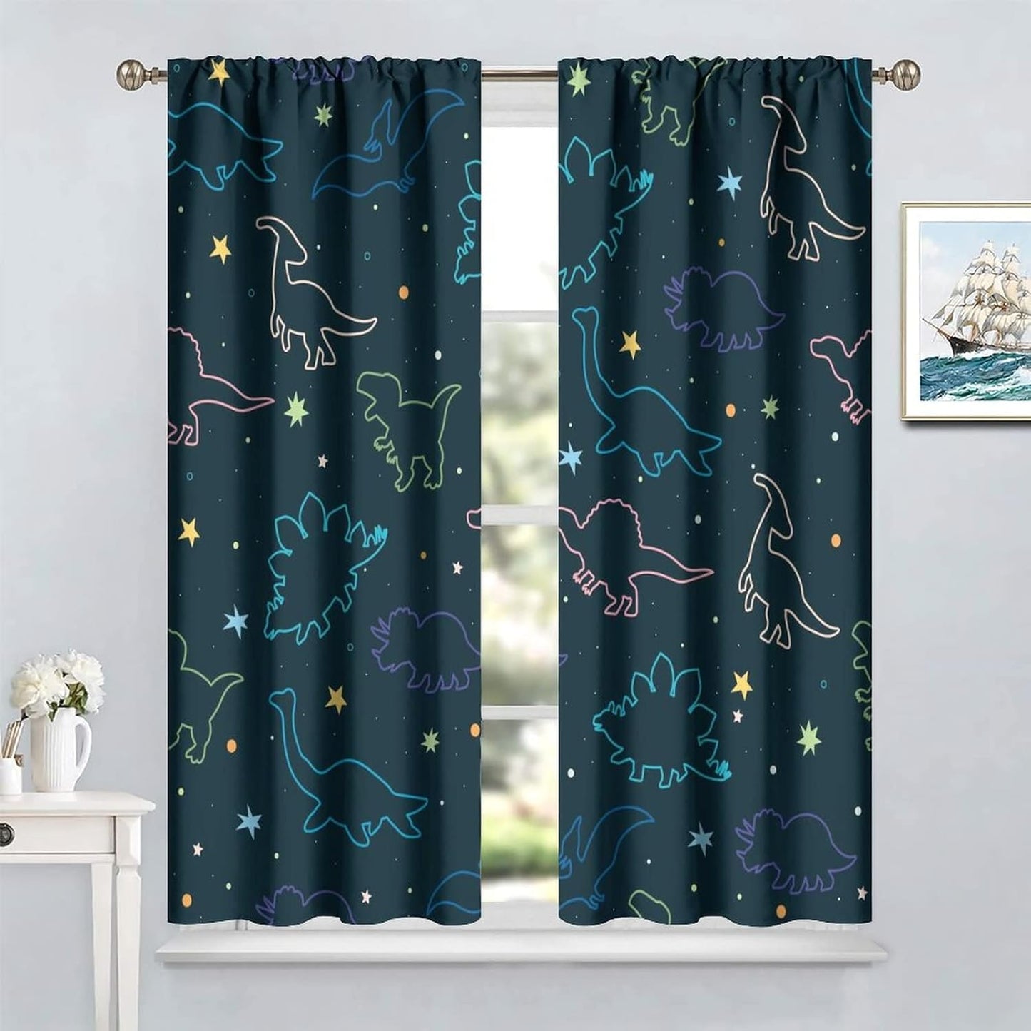 Cartoon Colorful Dinosaur Curtains for Boys Girls Home Decor, Astronaut Funny Outer Space Star Blackout Rod Pocket Window Drapes for Bedroom Living Room W21xL45in Decor