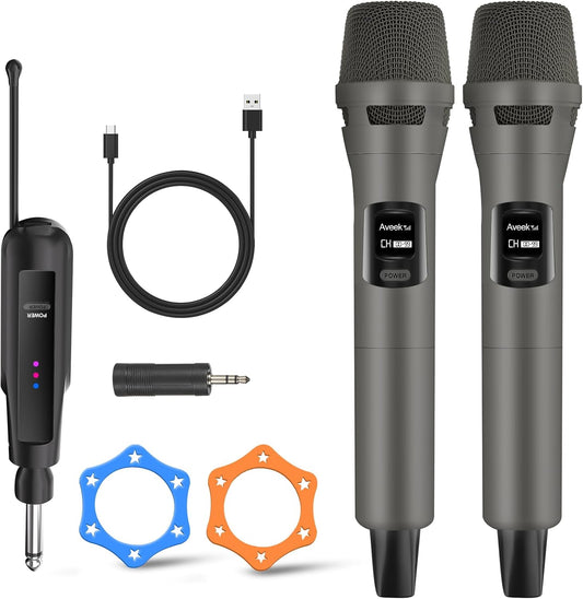 Aveek 2.4GHz Wireless Microphone System, 2 Rechargeable Mics and Receiver, Plug & Play for Karaoke Machine, Party Speakers, Home Entertainment, Wedding & Events - Crystal Clear Sound, 100ft Range