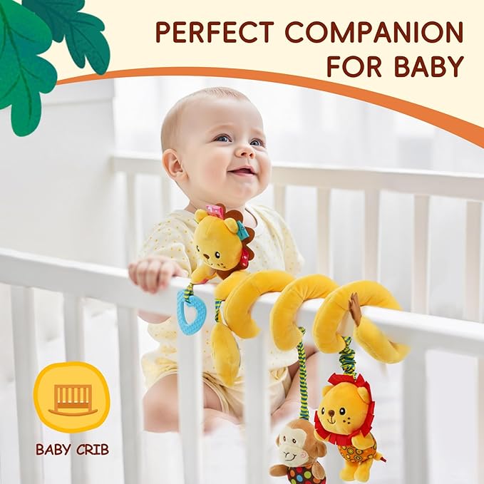 Jollybaby Crib Stroller Car Seat Toys for Baby 0-3-6-9-12 Months, Tummy Time Hanging Sensory Toys for Newborn with Music Box and Teether, Spiral Carseat Toy for Infant Boys Girls Gifts (Little Lion)