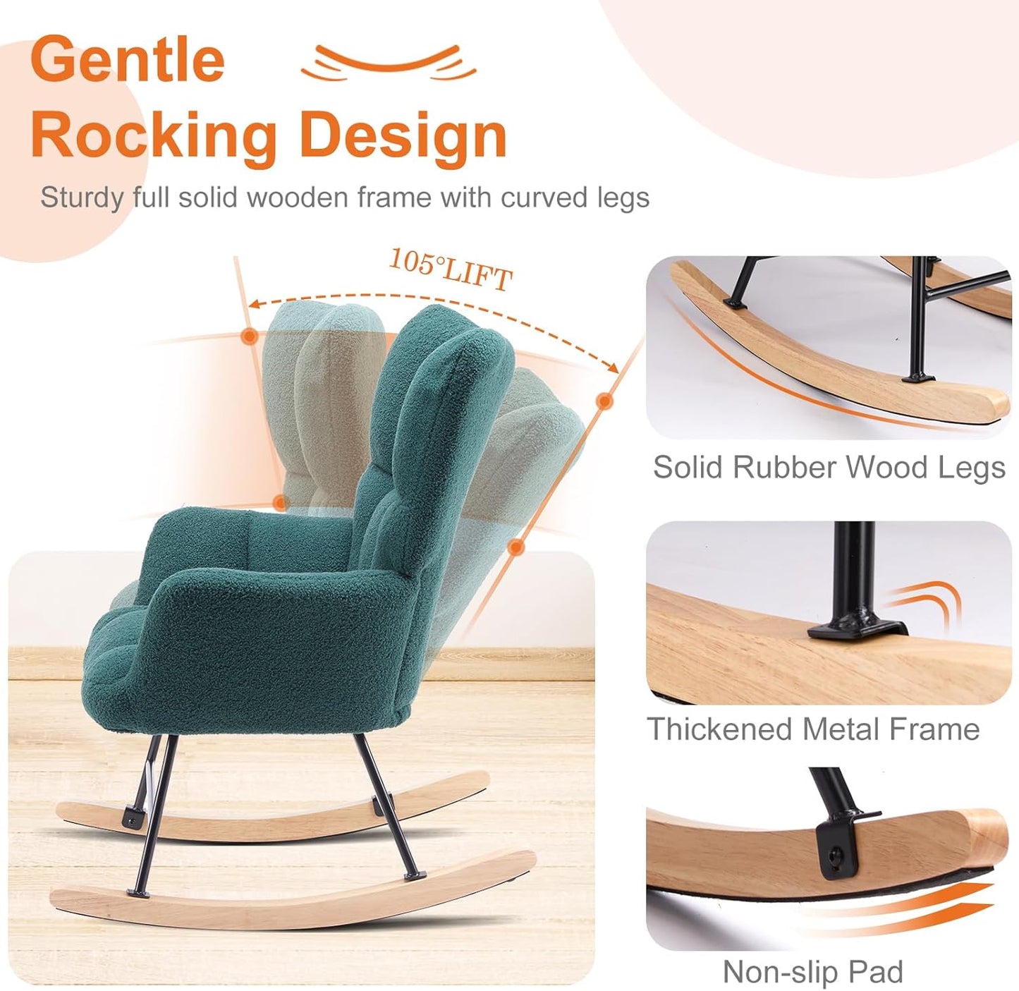 Sweetcrispy Rocking Chair Nursery, Teddy Upholstered Glider Rocker with High Backrest, Reading Chair Modern Rocking Accent Chairs Glider Chair for Nursery, Living Room, Bedroom, Deep Green