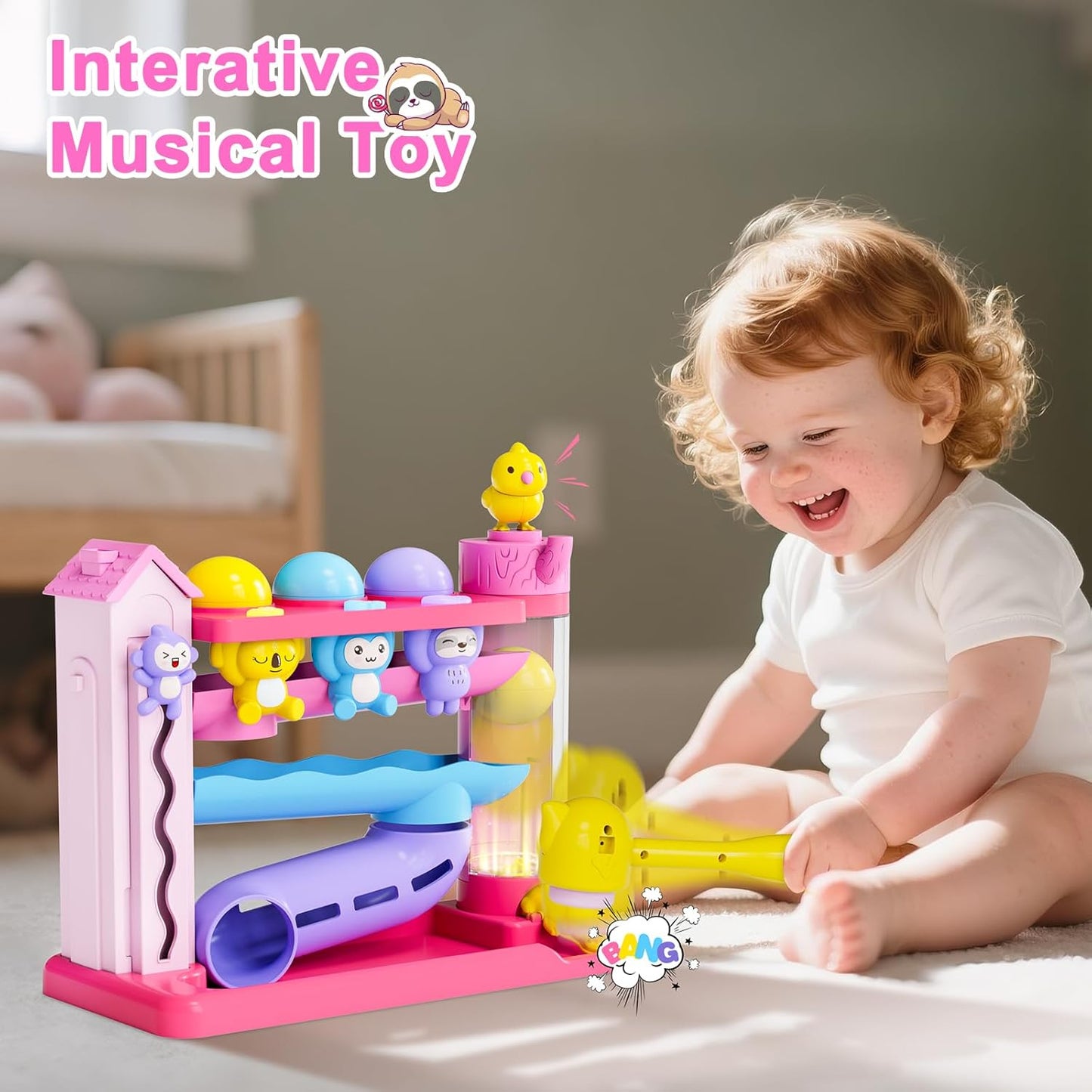 Musical Toy for 1-2 Year Old Girls,Educational Baby Toys 12-18 Months,Ball Drop Toy with English & Spanish,Fine Motor Toys for Toddlers 1-3,Birthday Gift for 1+ Year Old Girl (Pink)