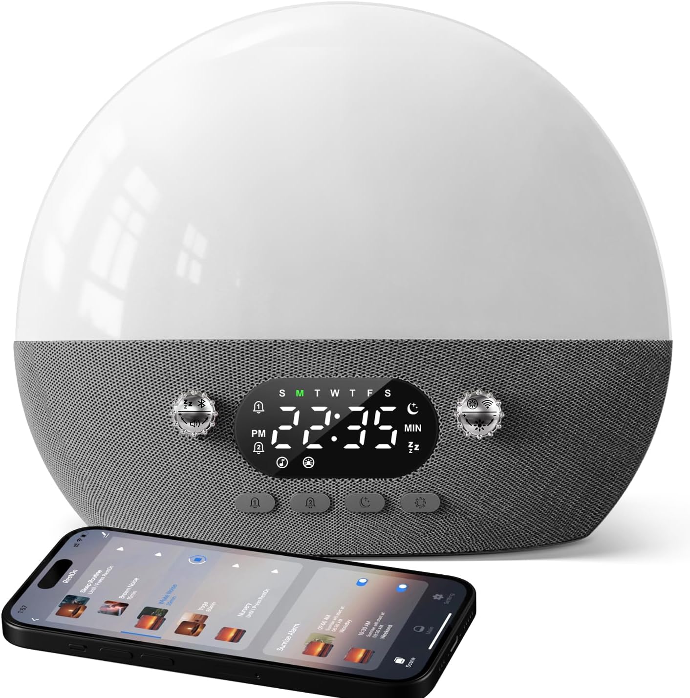 Dekala Smart Sunrise Alarm Clock with Wireless Charging for iPhone 14 13 12 Apple Watch AirPods Samsung, White Noise Sleep Sounds Machine, Nursery Night Light for Heavy Sleeper