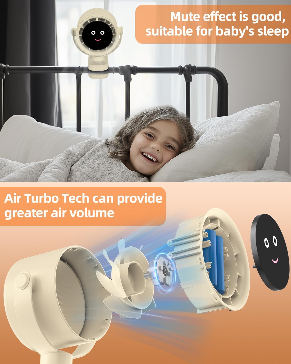 Clip on Fan for Bed, Portable Fan for Travel, Small Powerful 5 Speed Quiet 360° Rotate, Air Turbo Tech & Digital display, For Home Office Stroller Camping (Rice White)