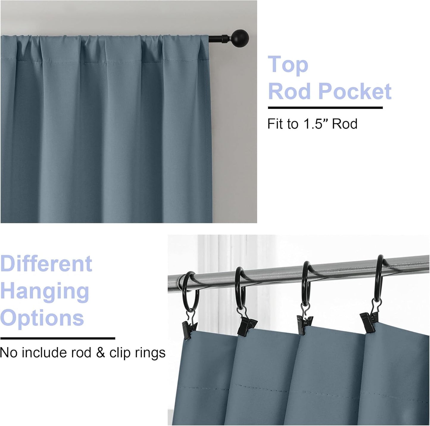 Simplebrand Ava Stone Blue Short Blackout Curtains for Bedroom 54 Inches Long 2 Panels Set, Solid Thermal Insulated, Energy Saving Window Treatment Curtains Blackout Drapes, W40 x L54 Inch, Stone Blue