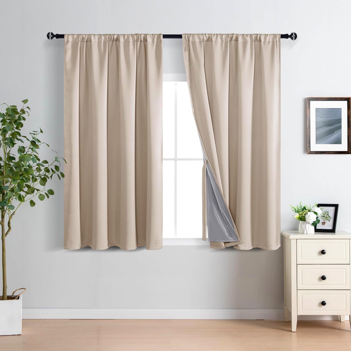 XWZO 100% Blackout Curtain Panels - Double Layer Full Room Darkening & Energy Efficiency Rod Pocket Window Panels with Tiebacks for Bedroom/Living Room, Biscotti Beige, W52 x L45, Set of 2
