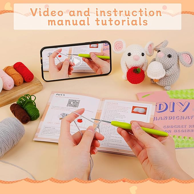 RUQKNO Crochet Kit for Beginners， 2 Pcs Hamster Amigurumi Crochet Animal Kit with Step-by-Step Video Tutorials, Easy-to-Learn Beginner Crochet Kit for Adults & Kids, All-in-One Craft Supplies
