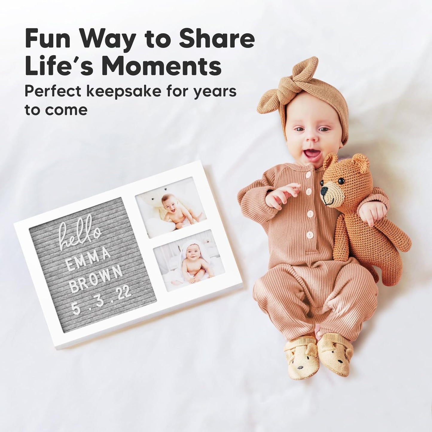 Nursery Picture Frame with Felt Letter Board - Baby Keepsake Frame for Ultrasound Photo & Birth Announcement, Boys & Girls Gender Reveal Gifts, Cute Baby Shower Gifts for New Mom(Alpine White)