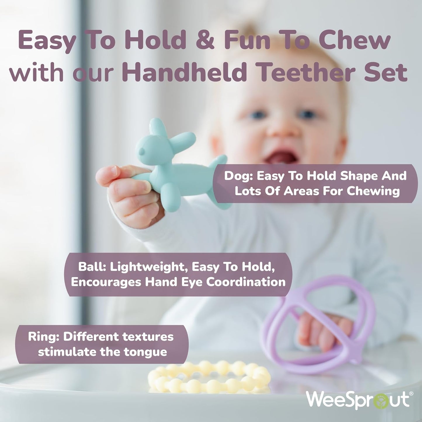 WeeSprout Silicone Baby Teether Toys for Infant Babies and Toddlers, Cute Ring, Puppy Dog, and Ball, Soft and Flexible, BPA Free, Boys and Girls (Pastel Mint, Purple & Yellow)