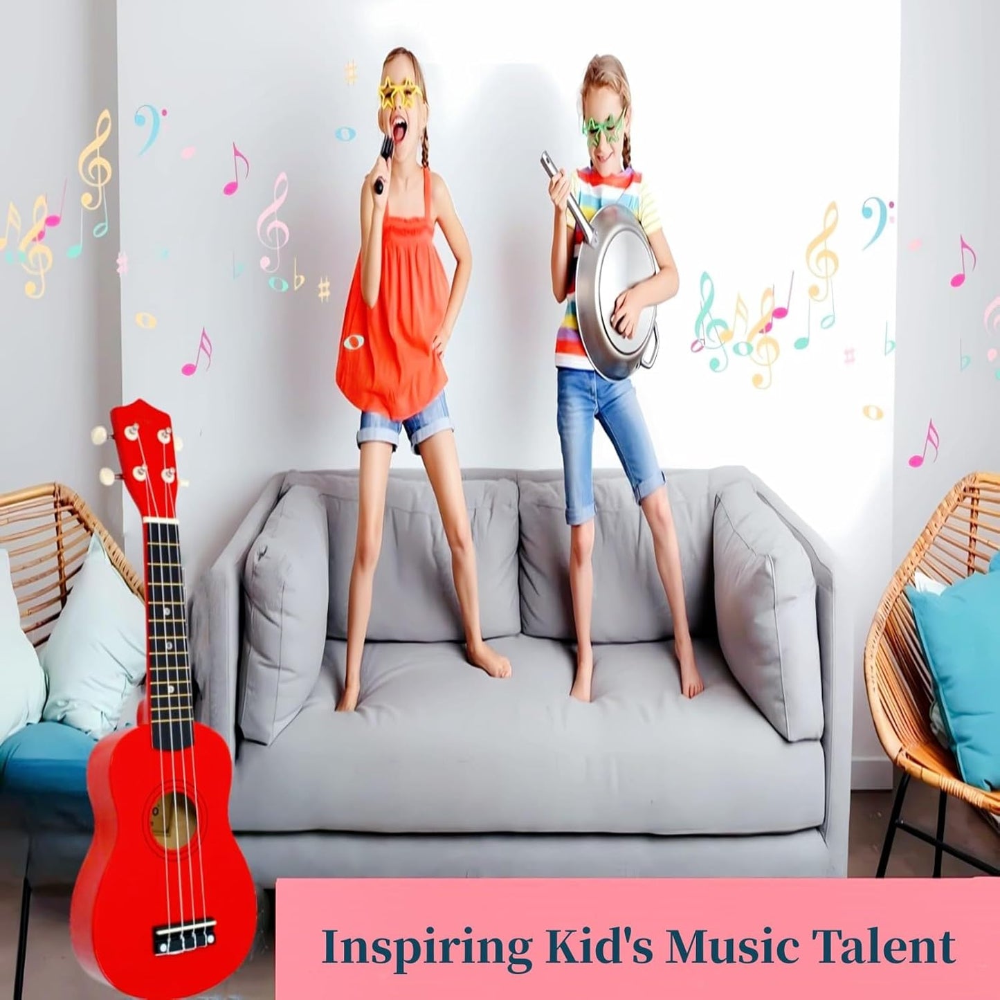 Kids Child Children Wooden Acoustic Guitar Ukulele 21 Inch 4 String Musical Instruments Perfect For Beginner (Red)