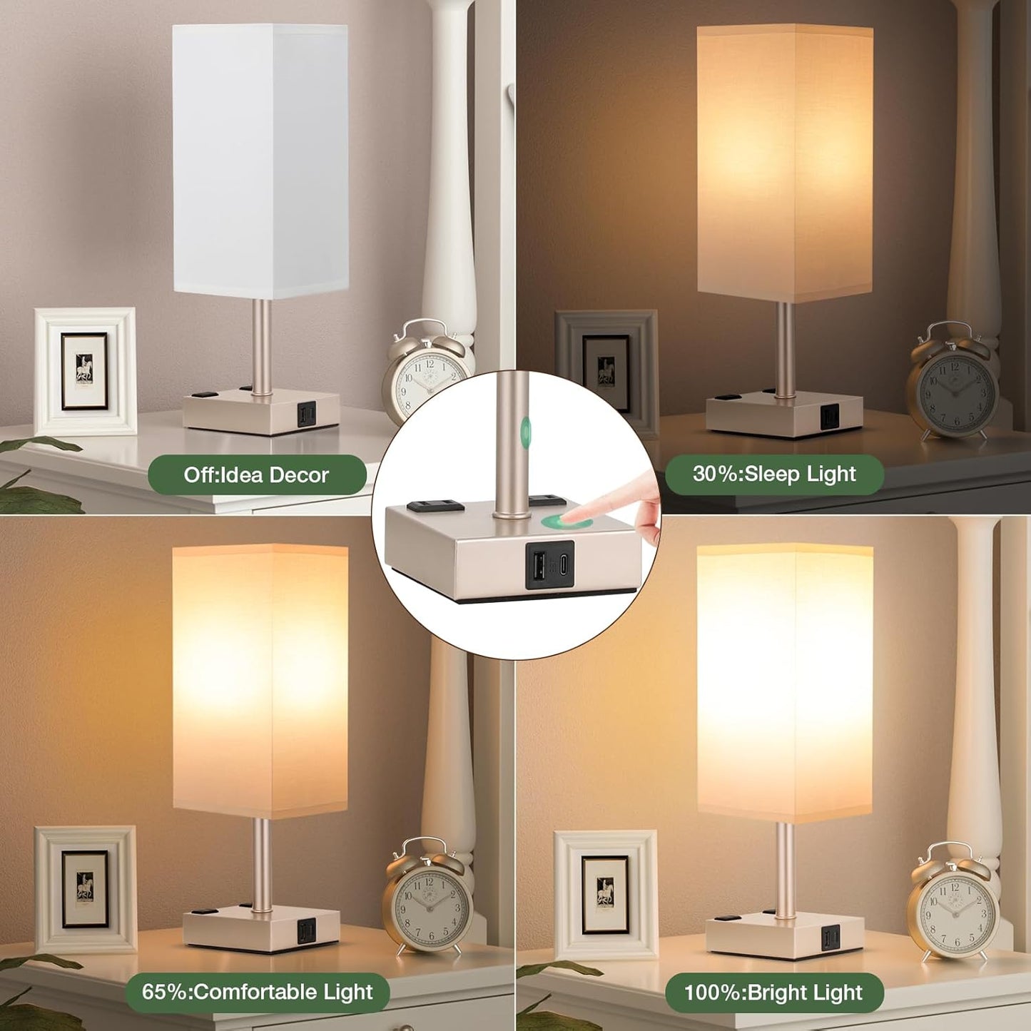 Light Gold Touch Lamps Set of 2 - Nightstand Lamp with USB-C + A Charge Ports & AC Outlets, 3-Way Dimmable Bedside Lamp, Small Table Lamp Light for Bedroom (Bulb Included)