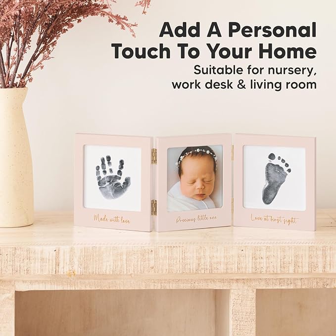 Inkless Baby Handprint and Footprint Kit for Newborn - Baby Footprint Kit, Newborn Keepsake Nursery Picture Frame,Dog Paw Print Maker,Personalized Gifts for New Mom,Showers & Registry(Petal Pink/Gold)