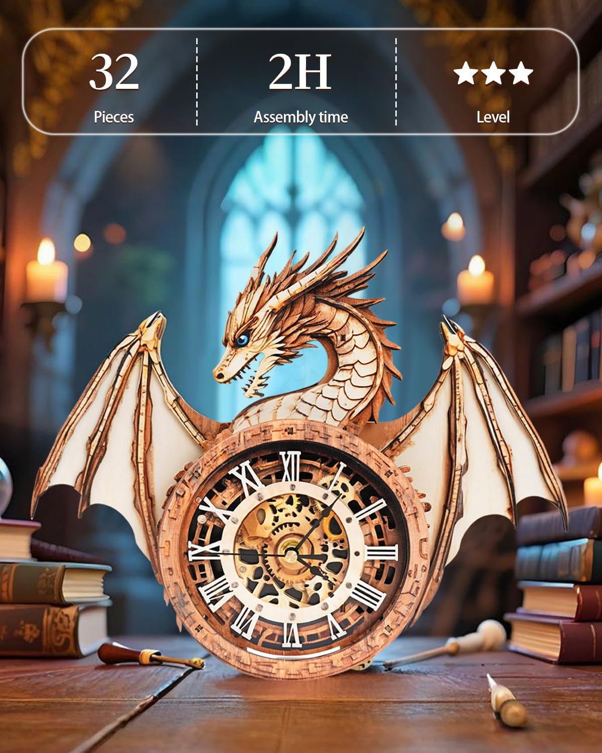 Rnfinewow 3D Wooden Puzzles for Adults, 3D Puzzles Dragon Clock Kit (with Pendulum), Beginners Wooden Puzzle for Adults Teens Home Wall Decor Clock Gifts for Men Women