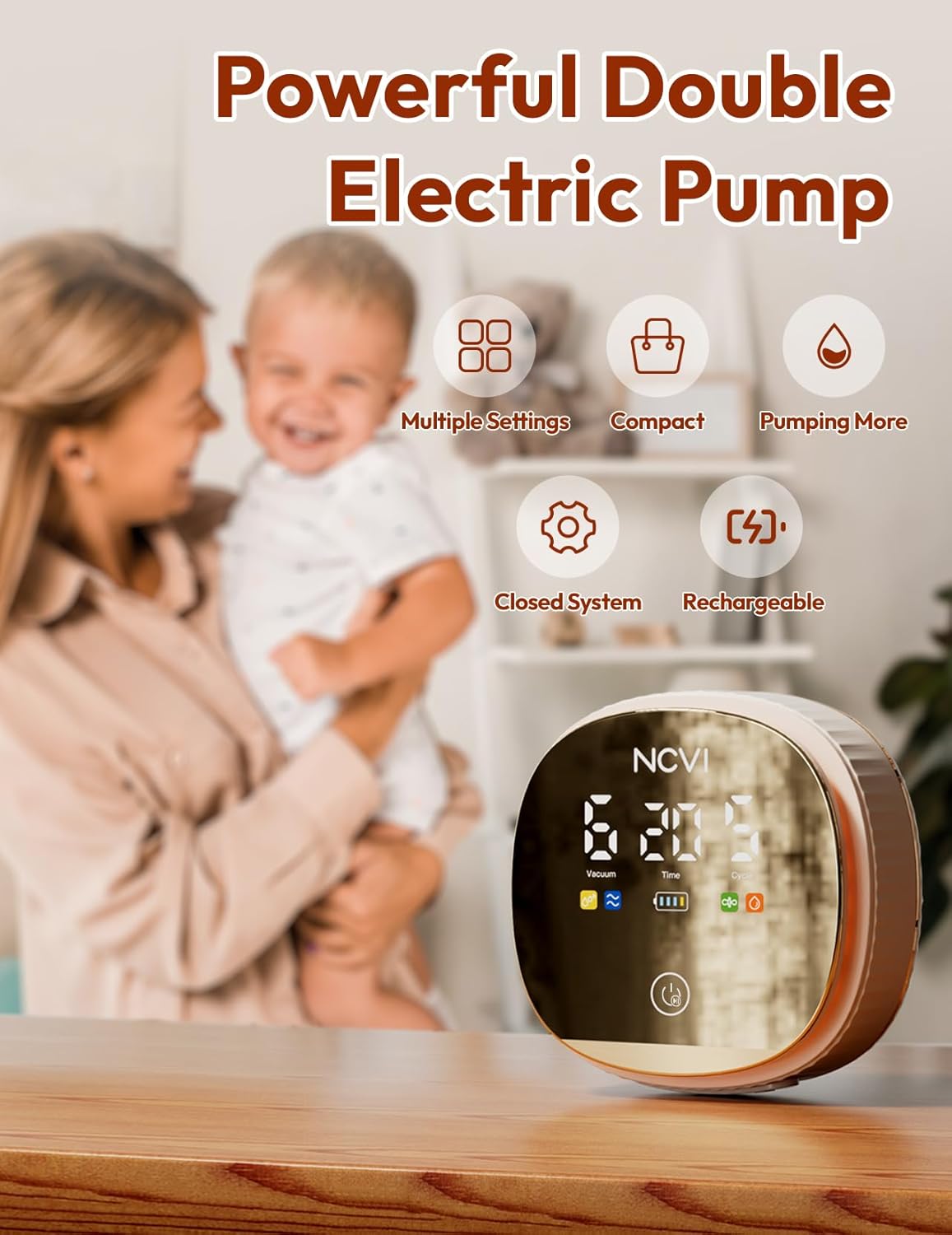NCVI Electric Breast Pump 8116, Customizable Suction, Speed & Mode, 4400mAh Rechargeable Hospital-Grade Portable Pump with LED Display & Night Light, Quiet & Comfortable for Efficient Breastfeeding