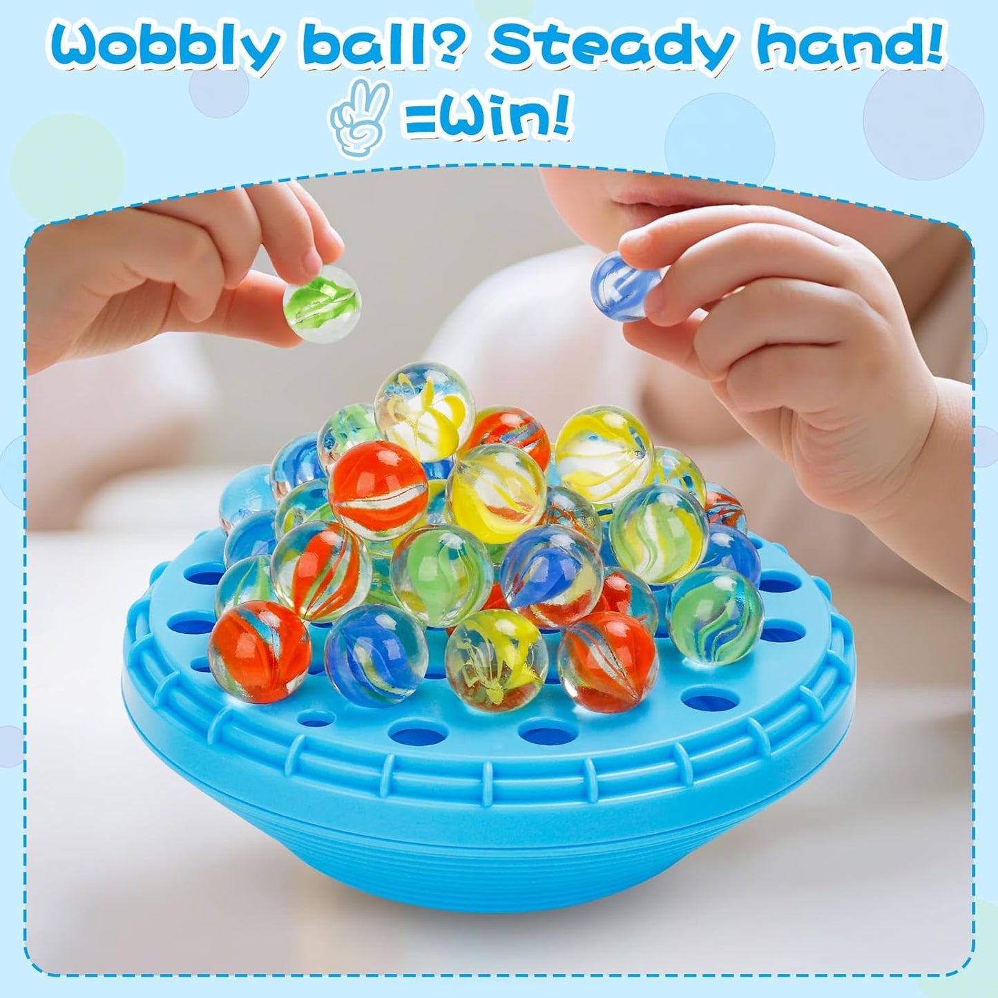 Marble Balance Game - 50 Colorful Marbles with Built-in Storage, Fun Family Challenge for 1-4 Players, Educational Toy for Kids & Adults, Perfect for Parties, Travel & Birthday Gifts (Blue)