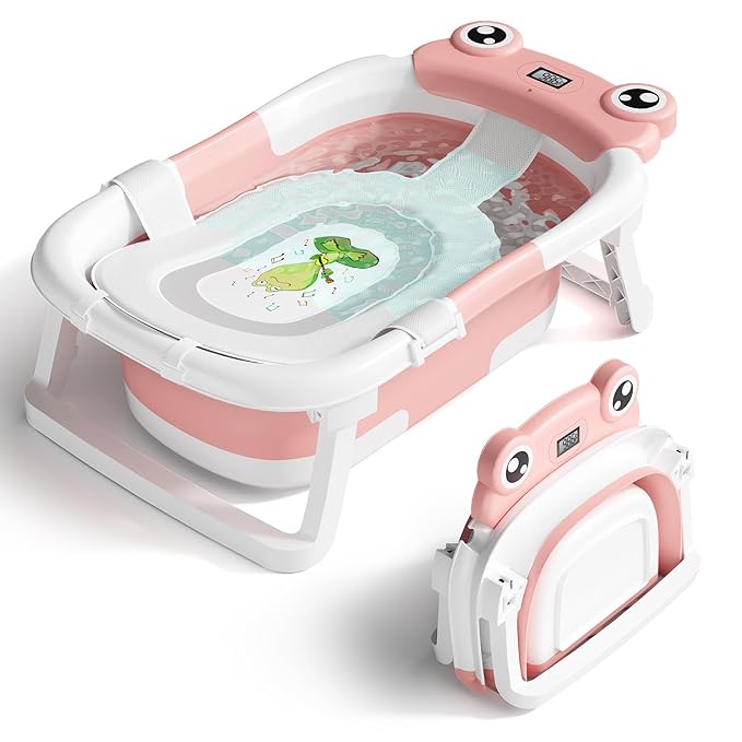 Baby Bathtub, Collapsible Newborn Bathtub for Infant to Toddler 0-24 Months with Soft Cushion and Thermometer,Portable Travel Newborn Tub with No-Slip Feet, Baby Shower Gifts,Pink