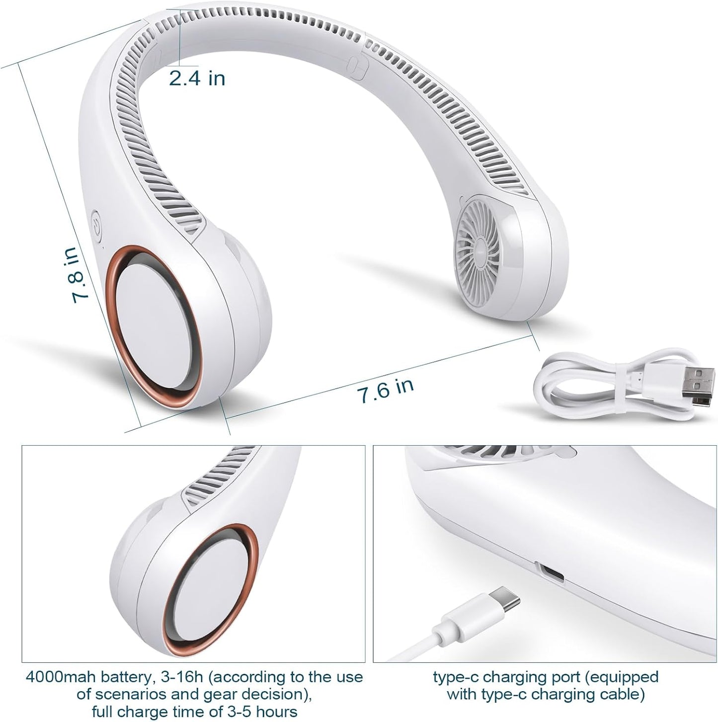 CIVPOWER Neck Fan: Portable Personal Neck Cooling Rechargeable Bladeless Fan - Hands Free 3 Speed 4000 mAh Battery USB Operated Wearable Headphone Design - for Men Women Outdoor Indoor (White)