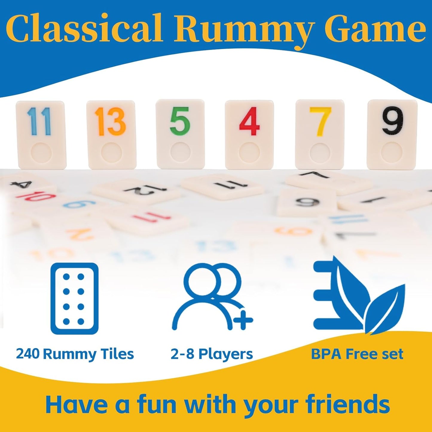 Deluxe Rummy Cube Game Set 6-8 Players with 8 Wooden Racks and 240 Melamine Rummy Tiles, Travel Family Board Game for Adults and Kids