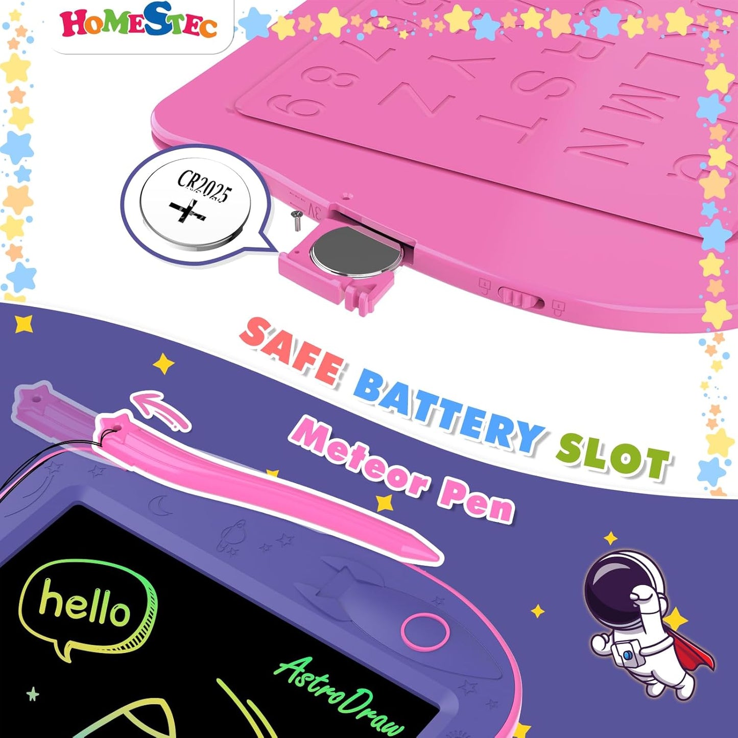 Astrodraw Drawing Pad Toys, Colorful LCD Writing Tablet for Kids, Doodle Board for Toddlers 3 4 5 6 Years Old, Travel Sensory Space Toy for Boys Girls, Birthday Gift Idea (Purple/Pink)