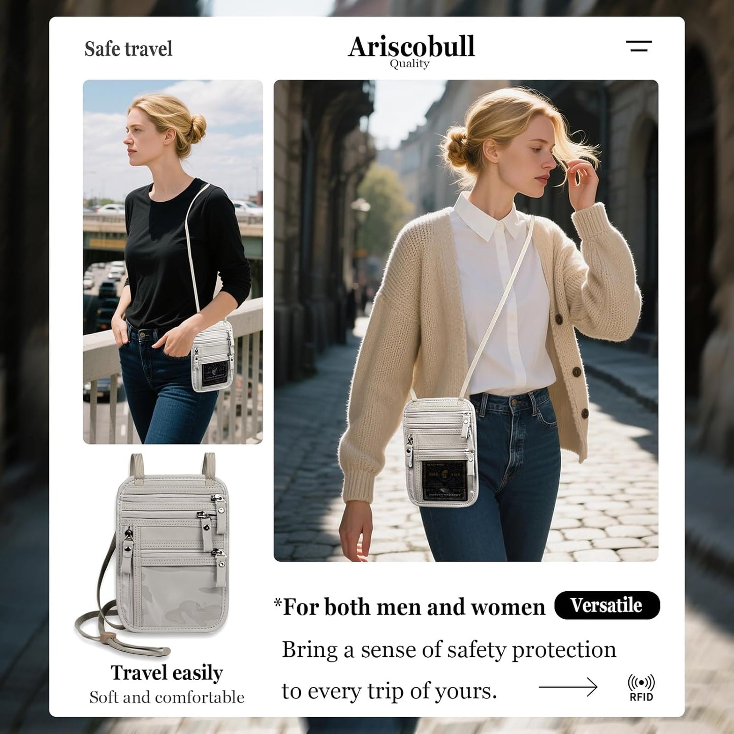 Neck Wallet - Rfid Wallet Women - passport holder for travel - Travel Wallet Passport Holder For Travel Women - 10.3x6.8inch (Silver White)