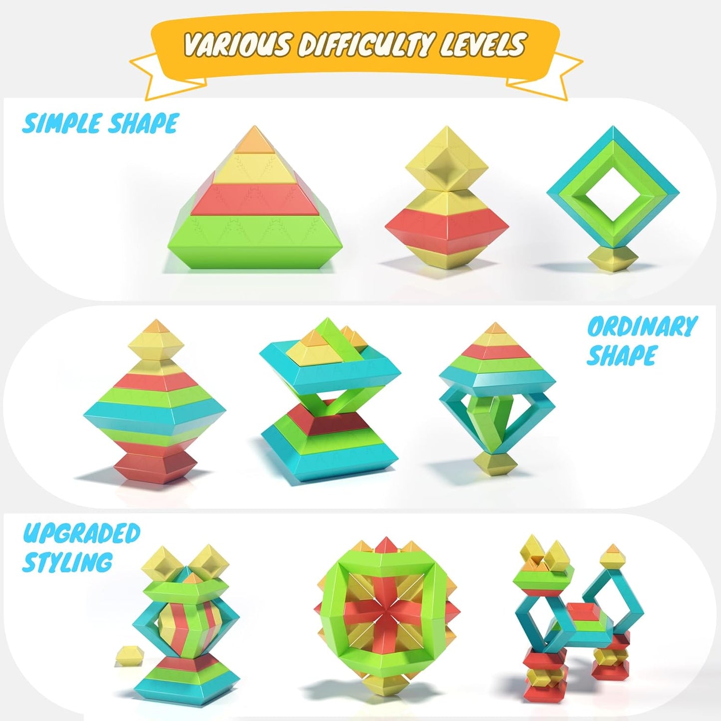 Montessori Toys for Ages 1-3 2-5 Toddlers Kids Baby,Pyramid Stacking Building Toys,3D Preschool Learning Blocks for Kids,STEM Sensory Toy Gifts for 2-4 Year Old Boy Girl,Plastic Storage Bag Set