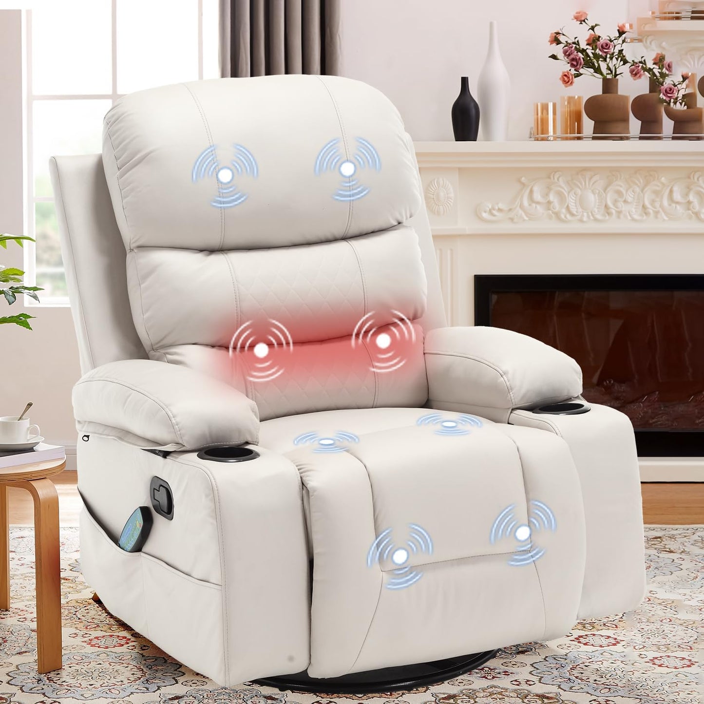 KCQ Massage Swivel Rocker Recliner Chairs with Heat Cup Holders Faux Leather Overstuffed Manual Reclining Chair Rocking Glider Chair for Adults, Beige