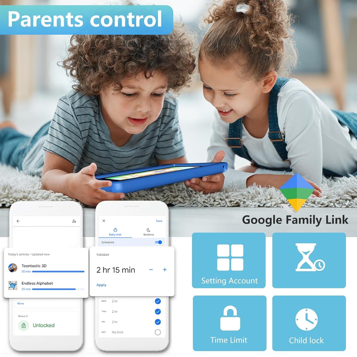 Tablet for Kids Age 3-12 10.1 inch Android 14 6000mAh 8GB RAM+64GB ROM(Expandable to 1TB Kids Tablet WiFi6 Google Kids Space Parental Control 1280 * 800 HD Screen